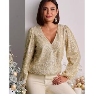 Boston Proper Gold Silver Sequin Embellished Surplice Blouse Size Large Party